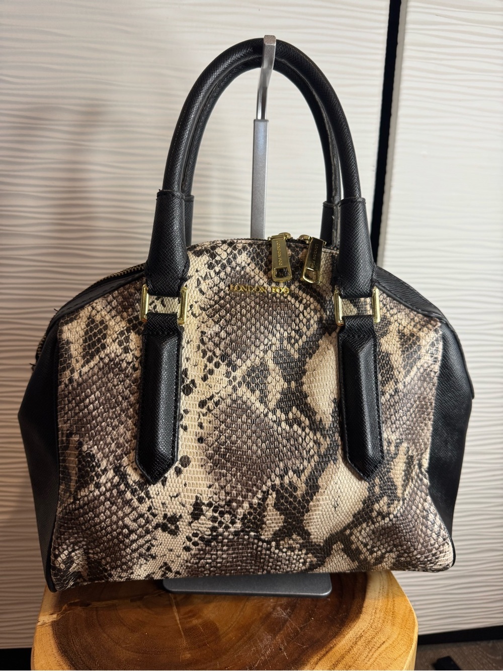 London Fog Black and Beige Python-Print Dome Satchel